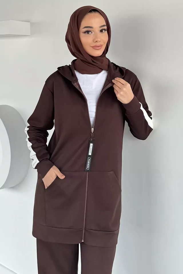 Tesettür Fermuarlı Kapüşonlu Tunik Pantolon İkili Takım