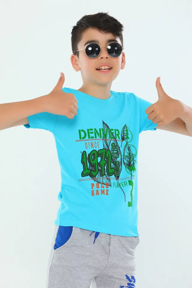 Erkek Çocuk Likralı Bisiklet Yaka Baskılı T-shirt Turkuaz