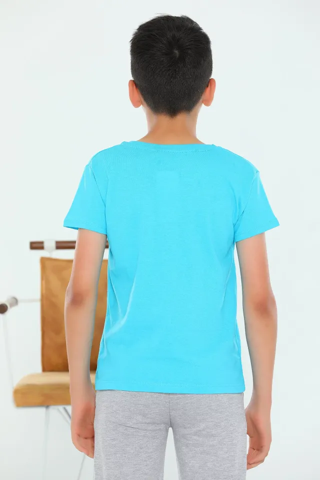 Erkek Çocuk Likralı Bisiklet Yaka Baskılı T-shirt Turkuaz