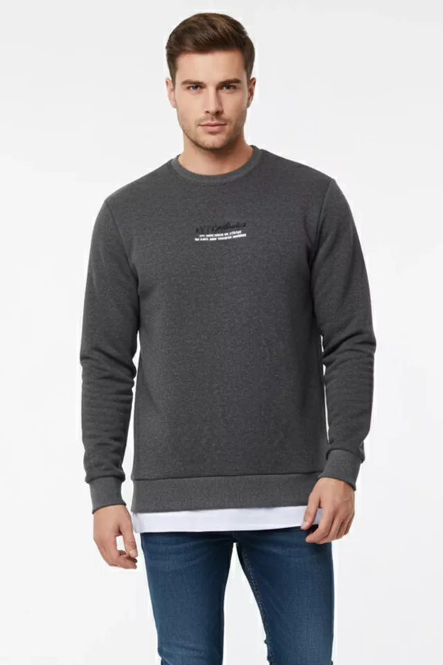 Üç İplik Şardonlu Baskılı Erkek Sweatshirt - 1
