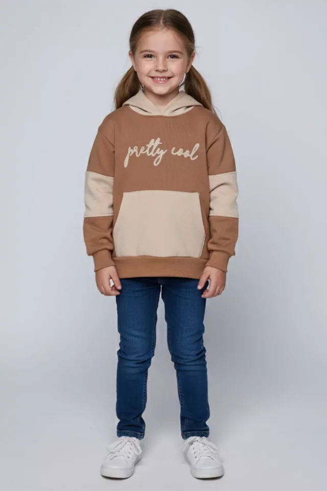 Üç İplik Şardonlu Kapüşonlu Kız Çocuk Sweatshirt - 1