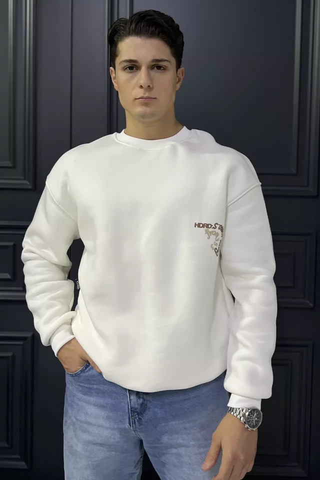 Üç İplik Şardonlu Yazı Baskılı Erkek Sweatshirt - 1