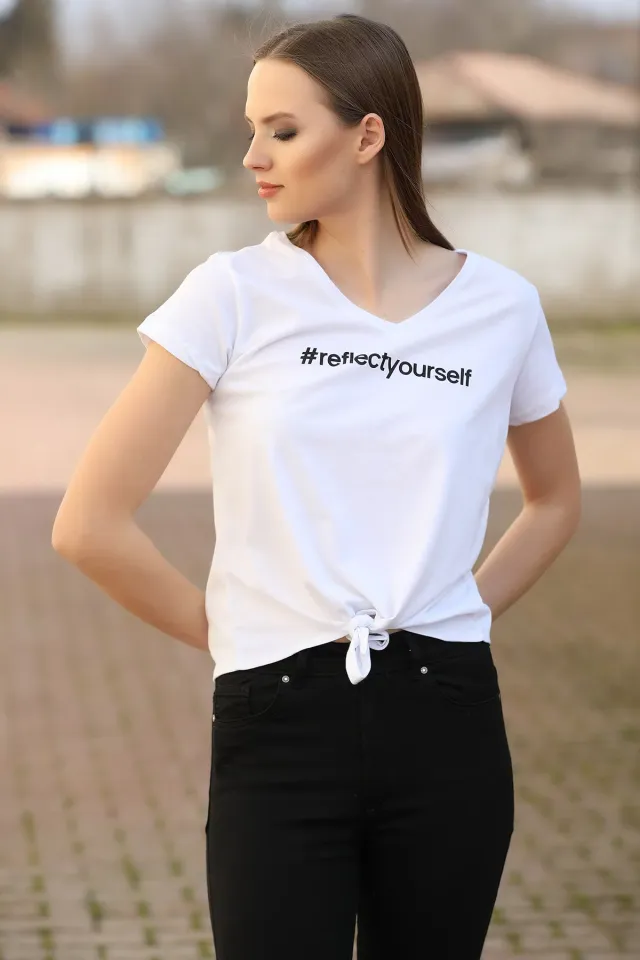 V Yaka Bağlamalı T-shirt Beyaz