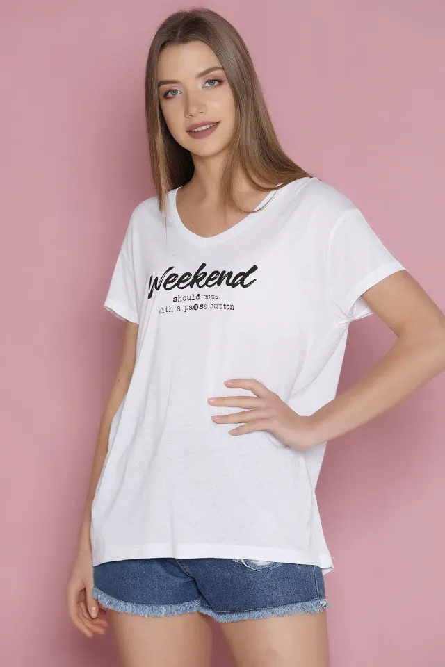 V Yaka Baskılı T-shirt Beyaz