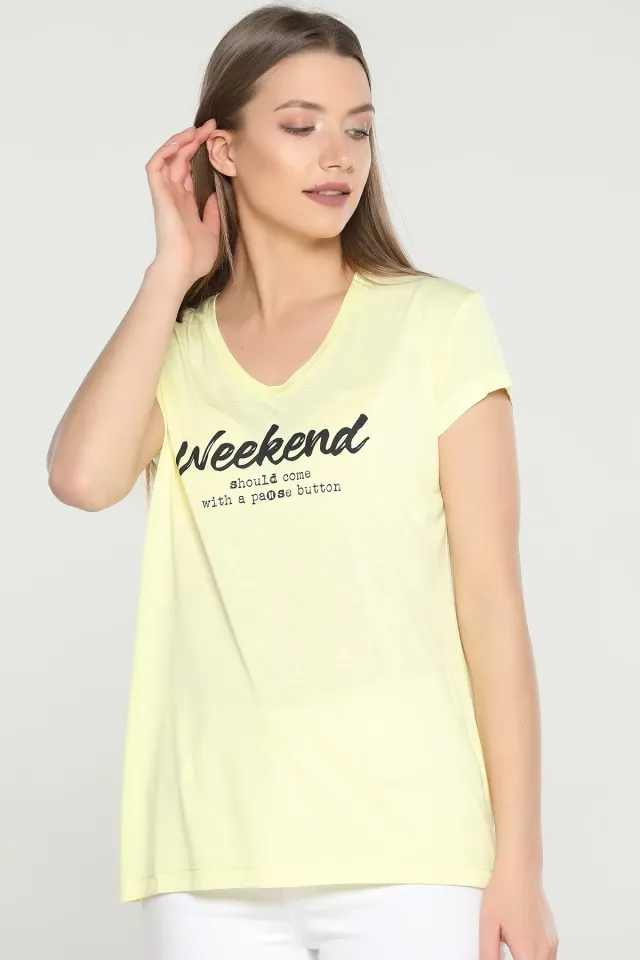 V Yaka Baskılı T-shirt A.sarı
