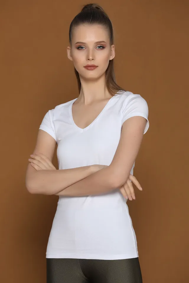 V Yaka Bayan T-shirt Beyaz