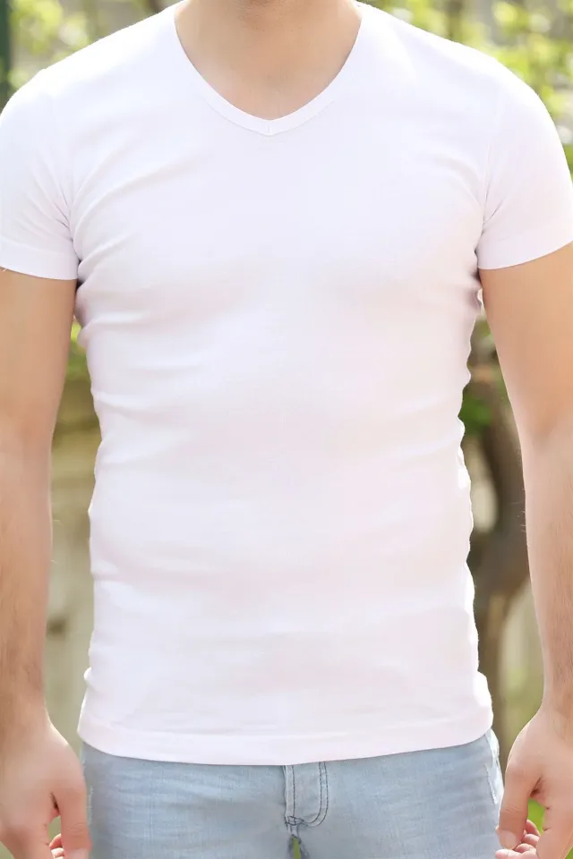 V Yaka Düz Ribanalı Bay T-shirt Beyaz