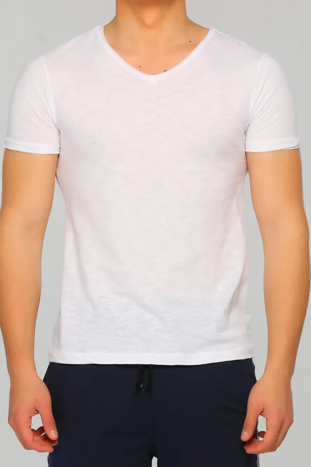 Erkek Likralı V Yaka Flamlı Basıc T-shirt Beyaz
