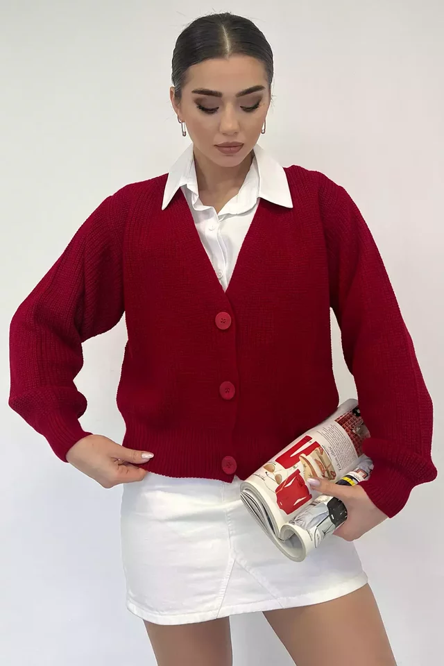 V Yaka Ön Düğmeli Kadın Örme Triko Hırka - 2