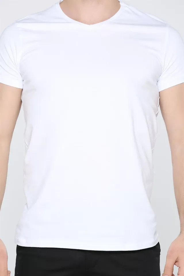 V Yaka Regular Fit Bay T-shirt Beyaz