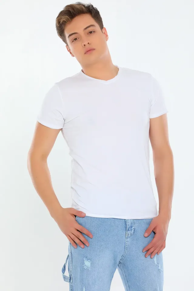 Erkek Likralı V Yaka Regular Fit Basic T-shirt Krem