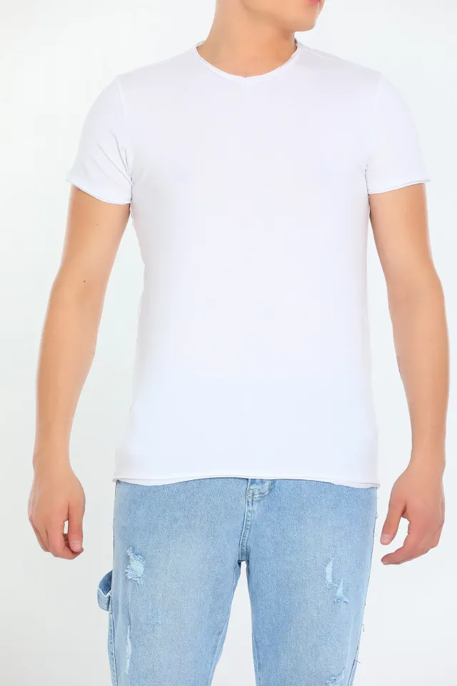 Erkek Likralı V Yaka Regular Fit Basic T-shirt Krem