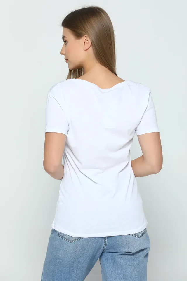 V Yaka Sevgili Kombin Kadın T-shirtrt Beyaz