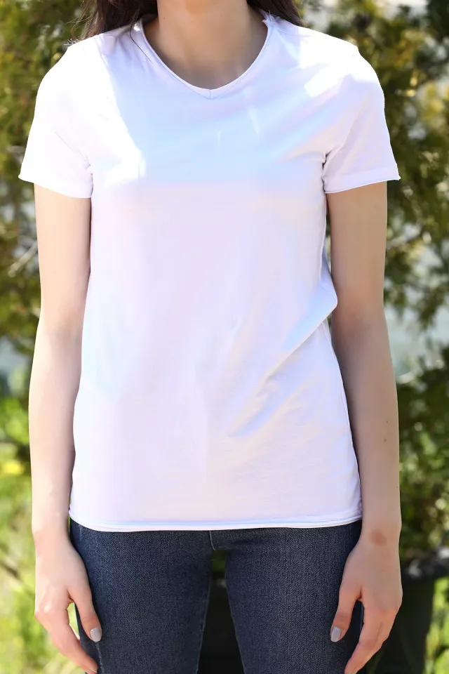 V Yaka Sevgili Kombin Kadın T-shirt Beyaz