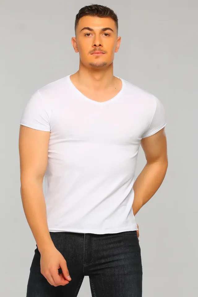 Erkek Likralı V Yaka Slim Fit Basic Body T-shirt Beyaz