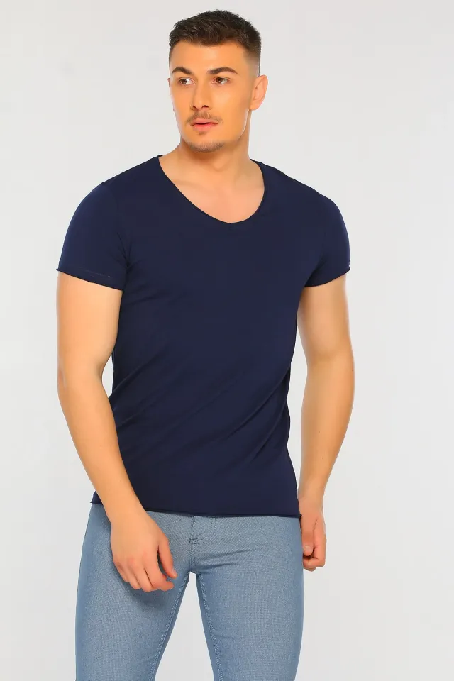 Erkek Likralı V Yaka Slim Fit Basic Body T-shirt Lacivert