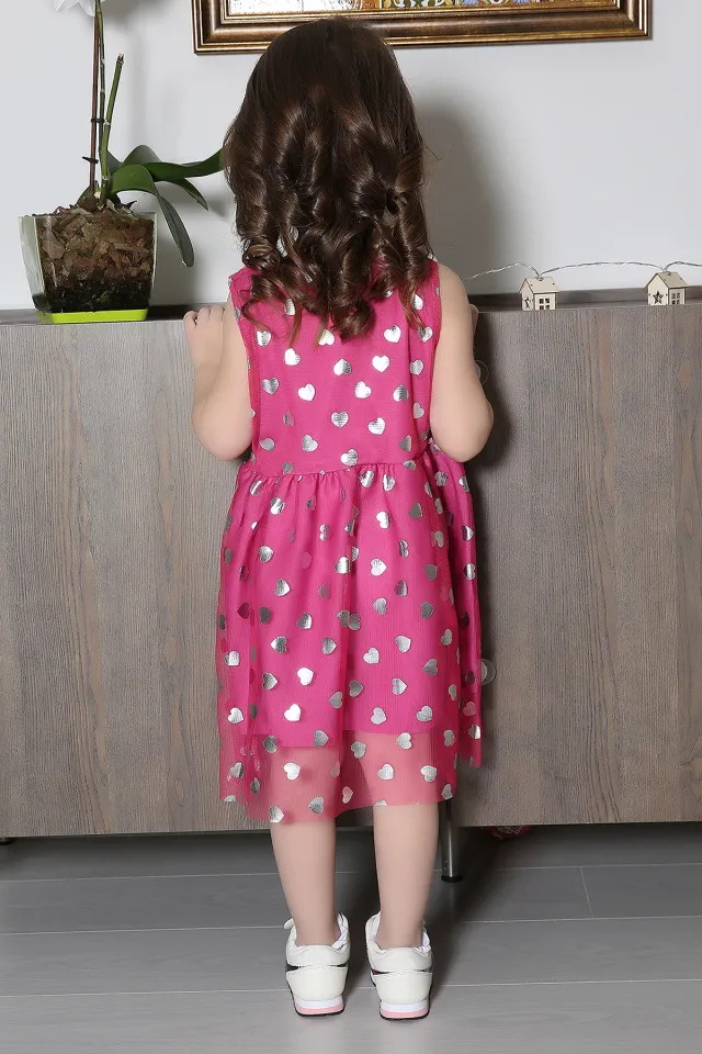 Varaklı Fiyonklu Eteği Tül Kız Çocuk Elbise Fuşya