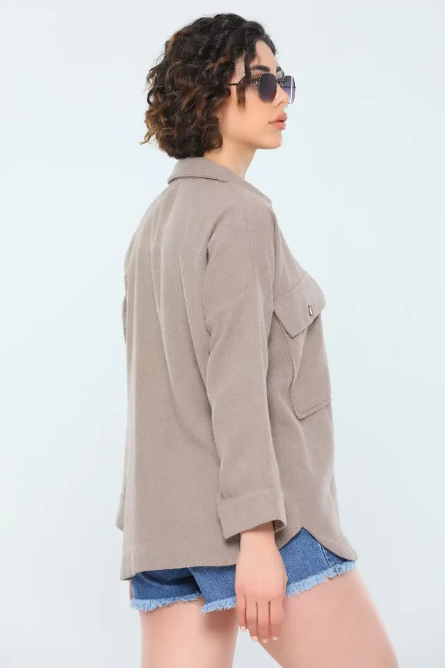 Kadın Oversize Kaşe Ceket Gömlek Vizon