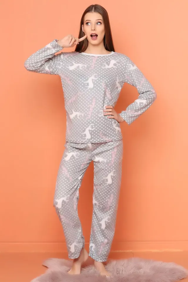 Winter Baskılı Bayan Pijama Takımı Açıkgri