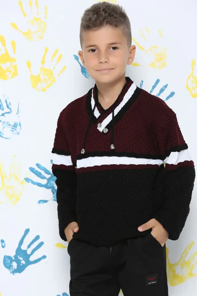 Yaka Bağcıklı Erkek Çocuk Triko Kazak Bordosiyahlı