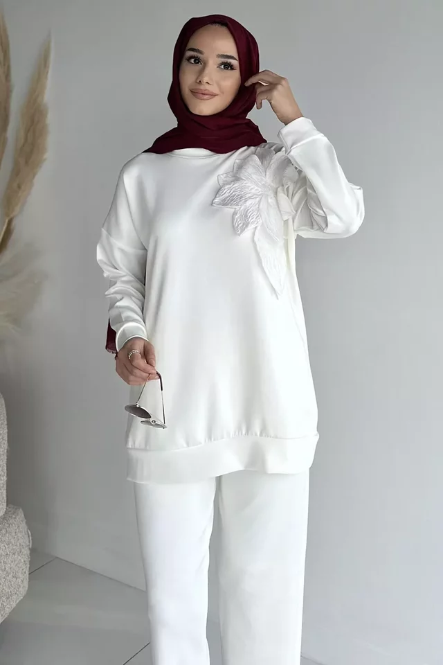 Yaka Çiçek Detaylı Tunik Pantolon Tesettür İkili Takım - 2