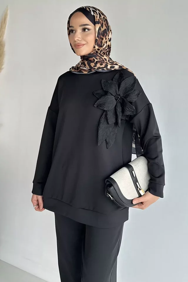 Yaka Çiçek Detaylı Tunik Pantolon Tesettür İkili Takım - 2