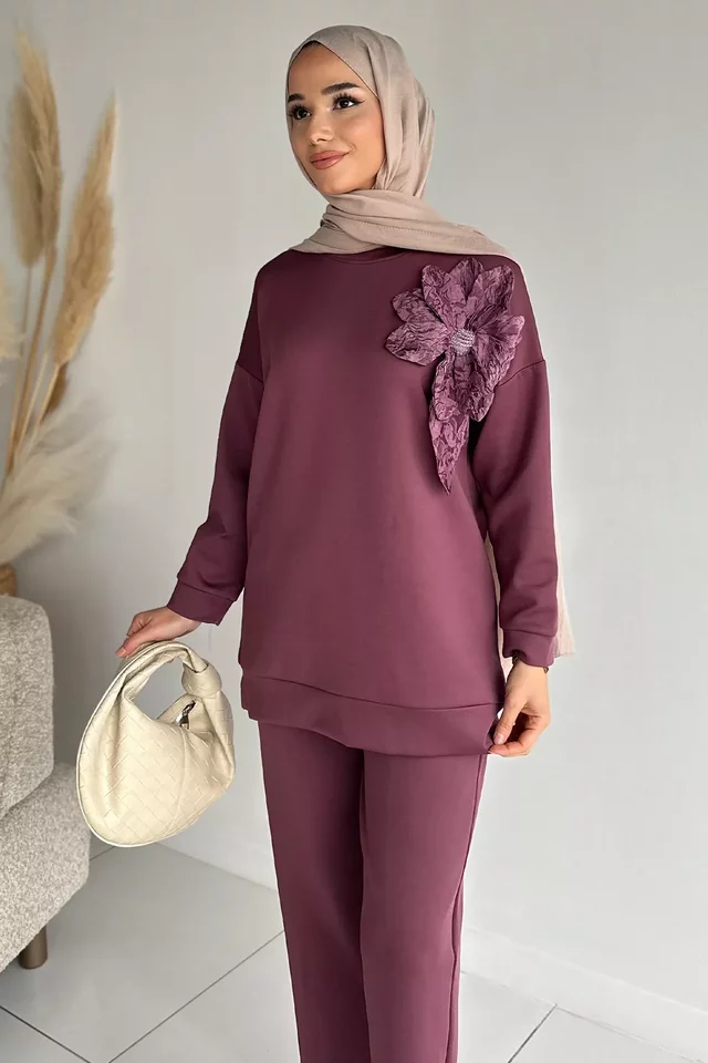 Yaka Çiçek Detaylı Tunik Pantolon Tesettür İkili Takım - 2