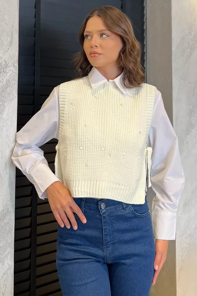 Yan Bağlamalı İncili Triko Süveter (s-m-l-xl Uyumludur) - 2