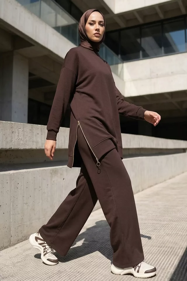 Yan Fermuarlı Tunik Pantolon Tesettür İkili Takım - 1