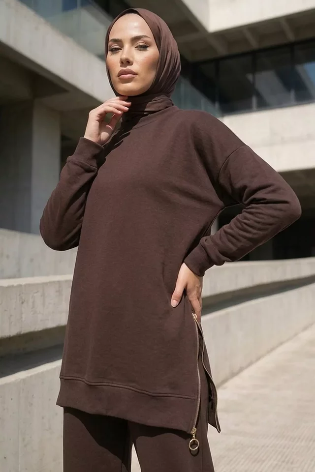 Yan Fermuarlı Tunik Pantolon Tesettür İkili Takım - 2