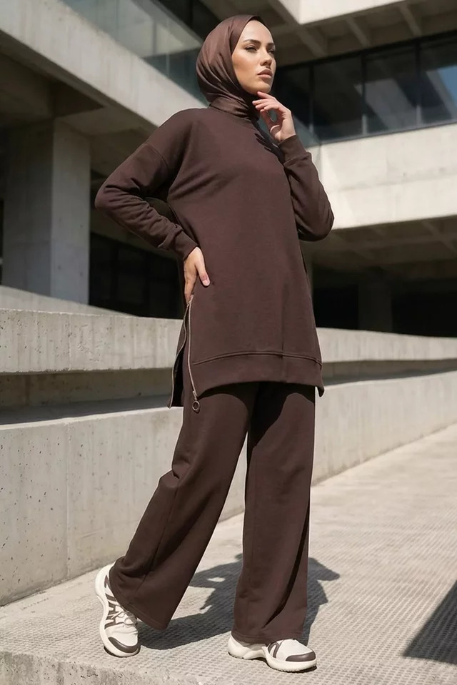 Yan Fermuarlı Tunik Pantolon Tesettür İkili Takım
