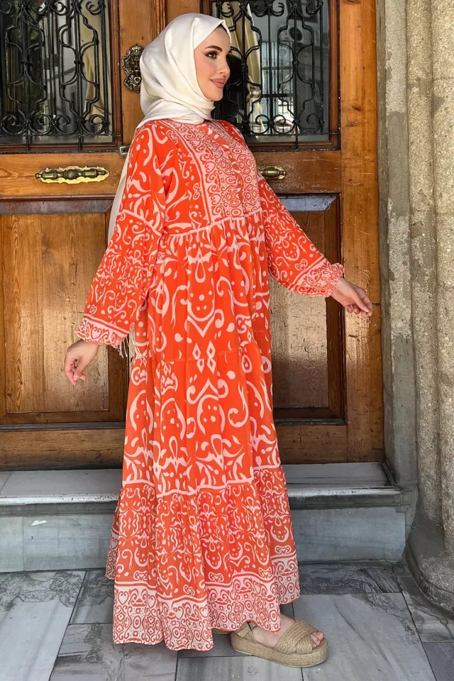 Yarım Düğmeli Astarlı Desenli Şifon Elbise Orange