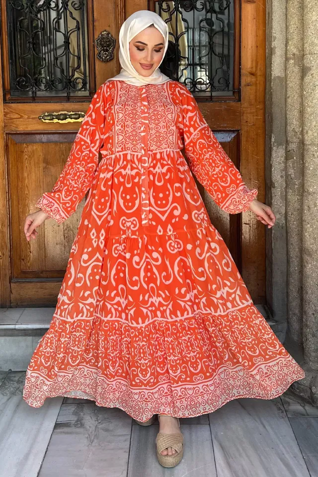 Yarım Düğmeli Astarlı Desenli Şifon Elbise Orange
