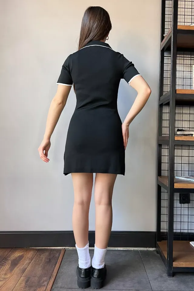 Yarım Fermuarlı Polo Yaka Nakış Detaylı Kadın Triko Elbise Siyah