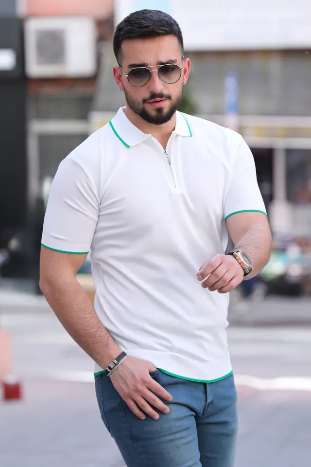 Yarım Fermuarlı Polo Yaka Renk Garnili Erkek Likralı Tişört Beyazyeşil