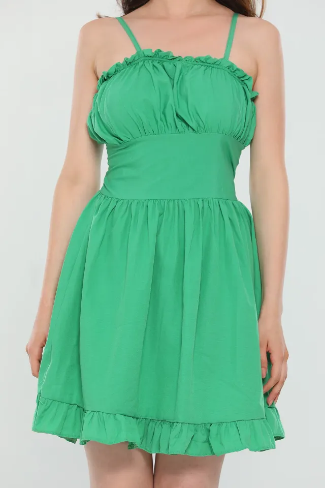 Kadın Ayarlanabilir İp Askılı Eteği Fırfırlı Yazlık Mini Elbise Yeşil