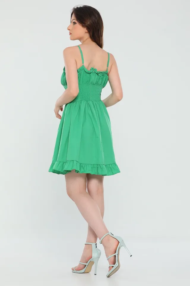 Kadın Ayarlanabilir İp Askılı Eteği Fırfırlı Yazlık Mini Elbise Yeşil
