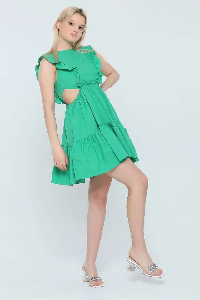Kadın Fırfırlı Bel Dekolteli Mini Elbise Yeşil