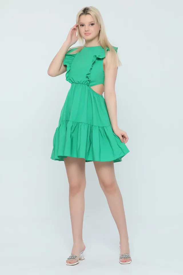 Kadın Fırfırlı Bel Dekolteli Mini Elbise Yeşil