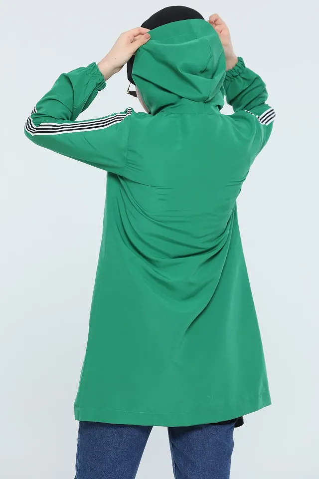 Kadın Kapüşonlu Şeritli Tesettür Kap Yeşil