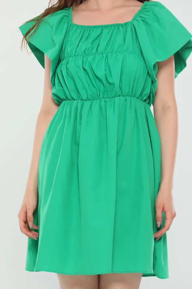 Kadın Kare Yaka Kol Volanlı Yazlık Mini Elbise Yeşil
