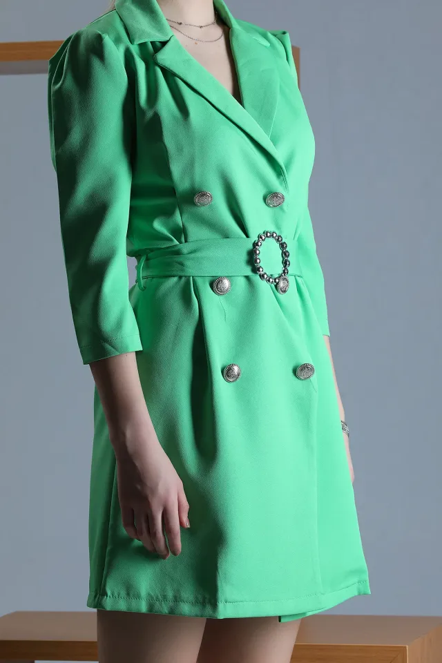 Kadın Kruvaze Yaka Bel Tokalı Uzun Ceket Elbise Yeşil