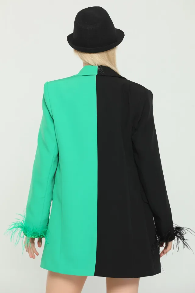 Kadın Kruvaze Yaka Kol Tüylü Uzun Blazer Ceket Yeşil