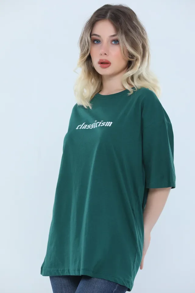 Kadın Likralı Bisiklet Yaka Baskılı Salaş T-shirt Yeşil