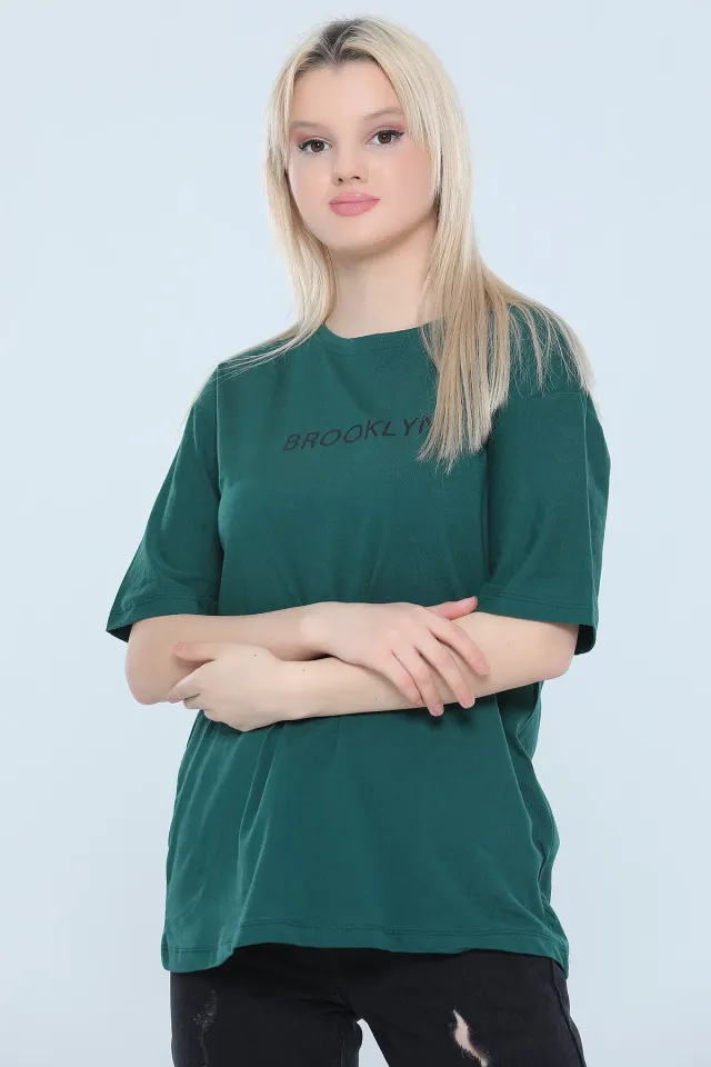 Kadın Likralı Bisiklet Yaka Baskılı Salaş T-shirt Yeşil