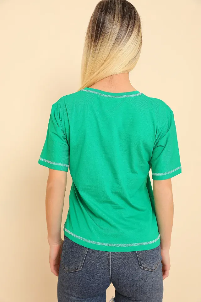 Kadın Likralı Bisiklet Yaka Baskılı T-shirt Yeşil