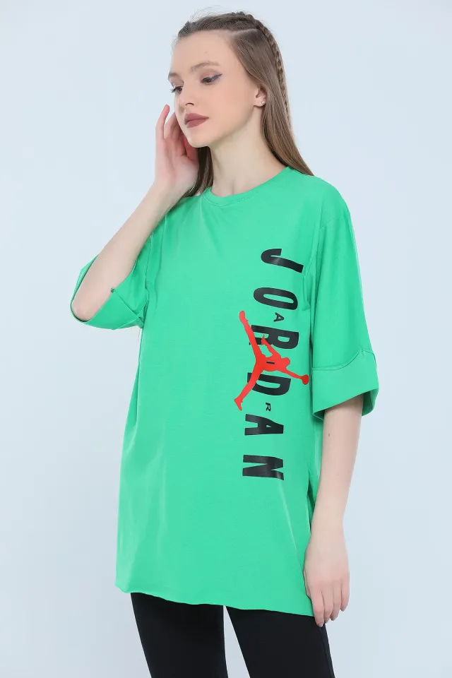 Kadın Likralı Bisiklet Yaka Duble Kol Yırtmaçlı Baskılı Salaş T-shirt Yeşil
