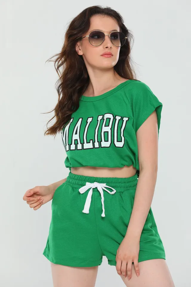 Kadın Likralı Sıfır Kol Baskılı T-shirt Şort Alt Üst İkili Takım Yeşil