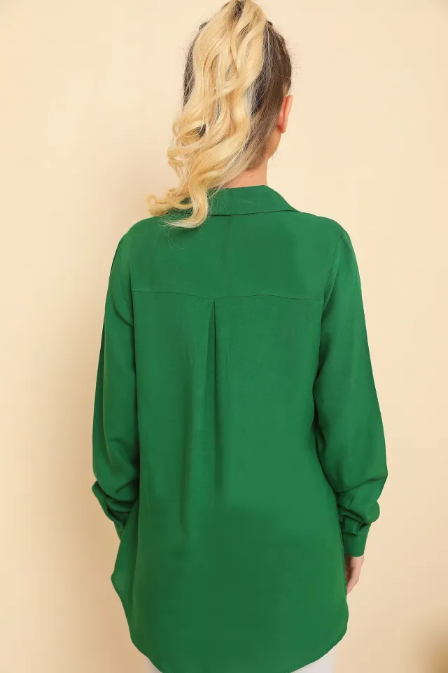 Kadın Likralı Uzun Kollu Basic Gömlek Yeşil