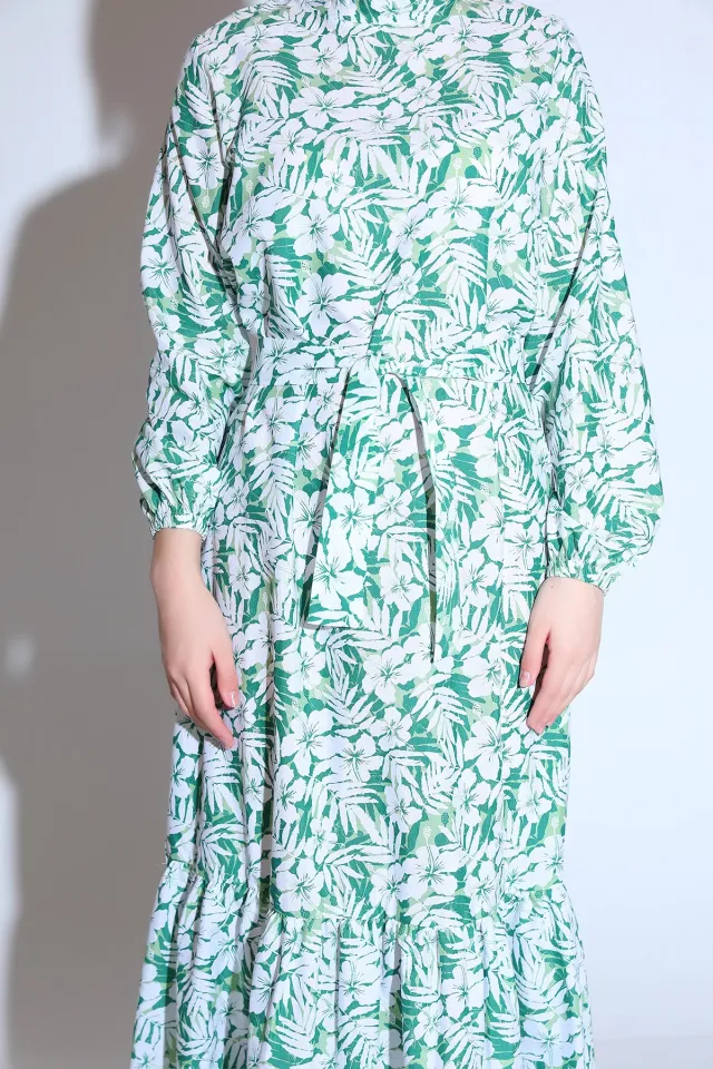 Kadın Modest Eteği Katlı Kol Lastikli Desenli Yazlık Tesettür Elbise Yeşil